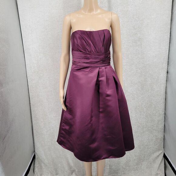Bill Levkoff Satin Burgundy Strapless A-line Formal Evening Bridesmaid Dress - Picture 2 of 11